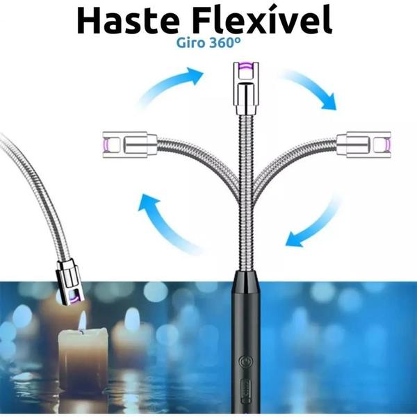 Imagem de Isqueiro Acendedor Eletrônico Flexível com USB Recarregável Rotação 360 Graus em Aço Inoxidável