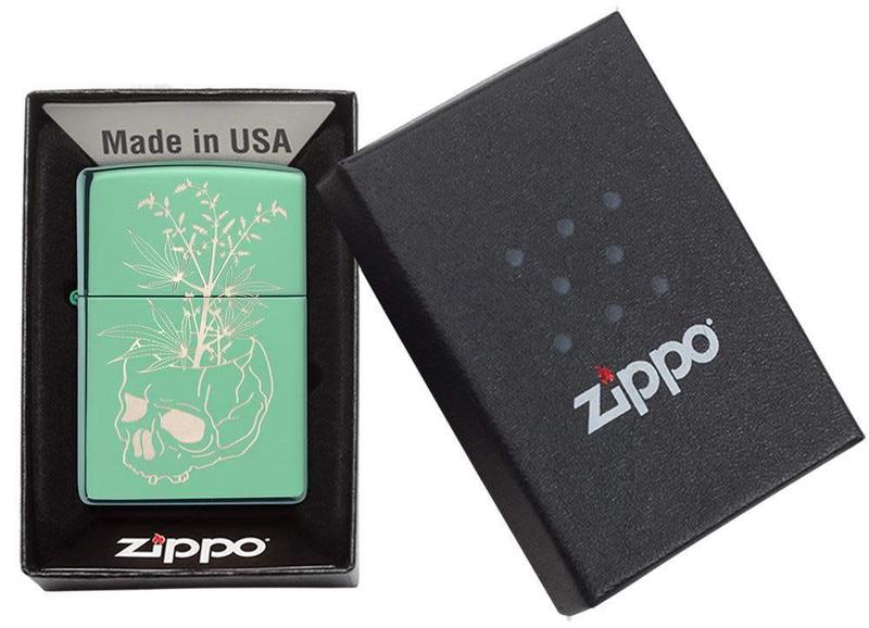 Imagem de Isqueiro de bolso Zippo Botanical Skull Design, verde altamente polonês