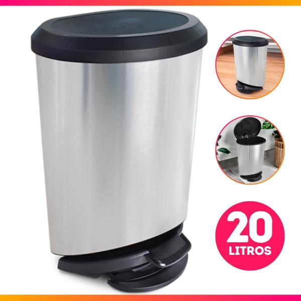 Imagem de ixeira Cozinha Banheiro 20L Pedal Plástico Metalizado Inox - Arqplast