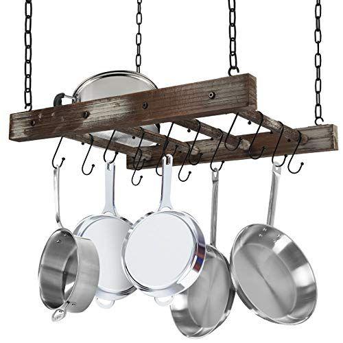 Imagem de J JACKCUBE DESIGN Rústico Madeira Panela Panela Rack Teto Montado Cabide Multi-Purpose Madeira e Metal Cookware Kitchen Storage Organizer com utilitário 16 ganchos - MK603B