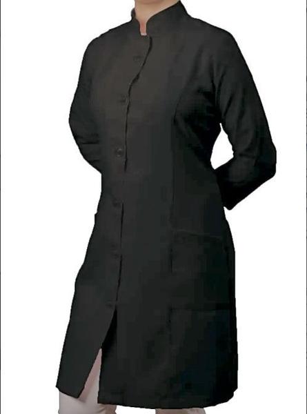 Jaleco Feminino Acinturado Gola Padre Oxford branco preto!!! - Visual Uniformes Imagem de Jaleco Feminino Acinturado Gola Padre Oxford branco preto!!!
