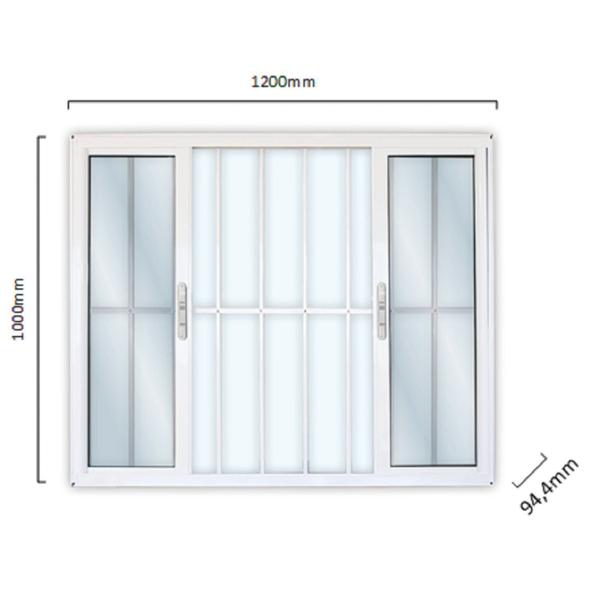 Imagem de Janela de Alumínio de Correr 100x120cm 4 Folhas 2 Fixas com Grade e Vidro Liso Linha Solida MGM