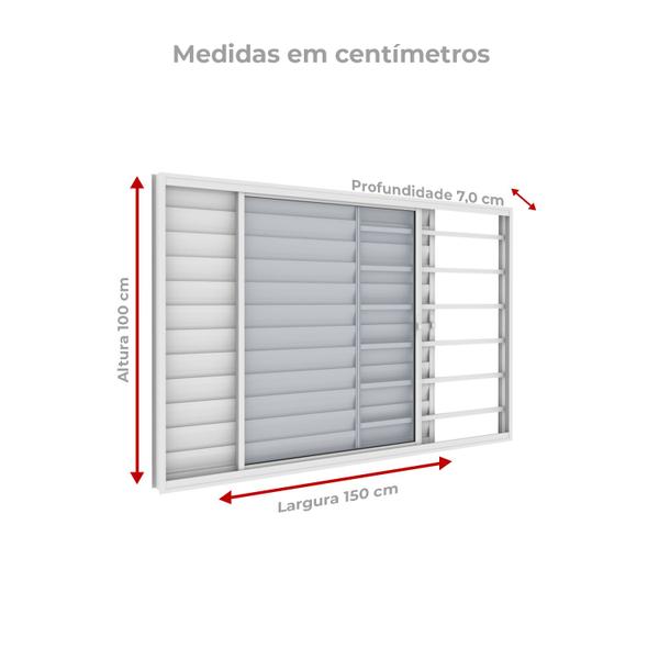 Imagem de Janela Veneziana 3 Folhas 1,50m x 1m Com Grade Horizontal em Alumínio Branco com vidro  Vitrolar