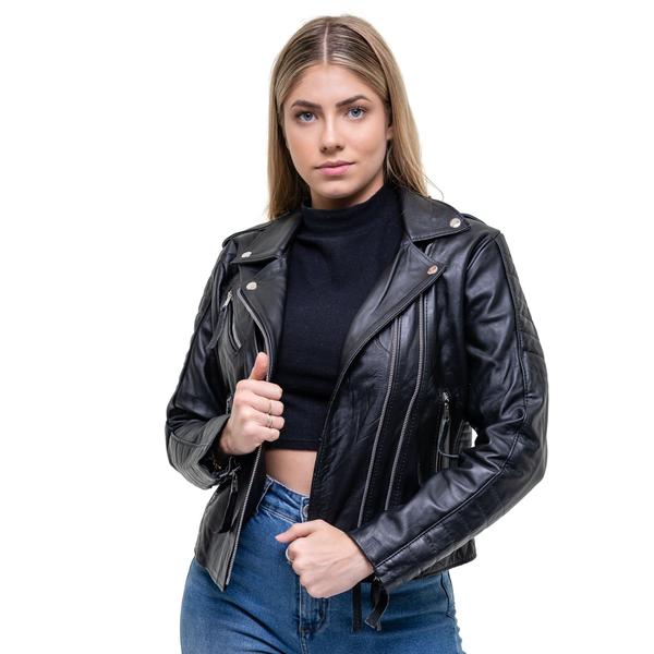 Imagem de Jaqueta Feminina De Couro 100% Bovino Premium Slin Motoqueiro