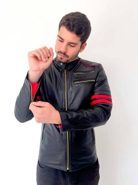Jaqueta Masculina Couro De Bufalo Legitimo Black/Red Jaqueta