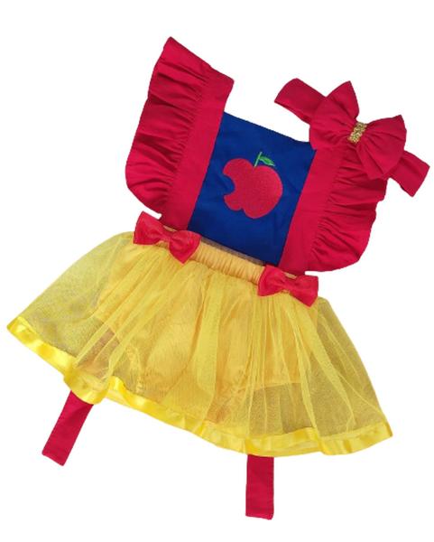 Jardineira Romper Saia Luxo Tule Bebe Branca De Neve Faixa