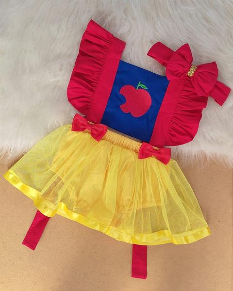 Jardineira Romper Saia Luxo Tule Bebe Branca De Neve Faixa