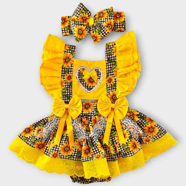 Vestido Infantil Roupas Juninas Para Bebe Jardineira Romper Xadrez