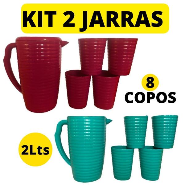 Imagem de jarra 2Lts de suco copo com tampa kit vermelho verde tiffany água suco grande com detalhe geladeira