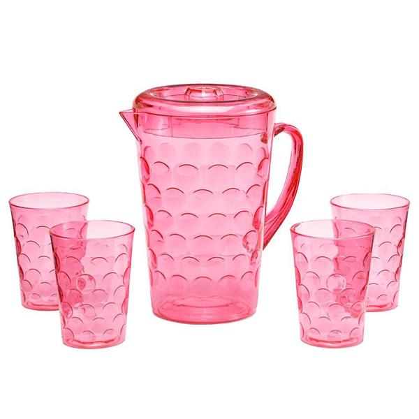 Imagem de Jarra Acrílico com 4 Copos Agua Suco Gelo Decorativo Rosa