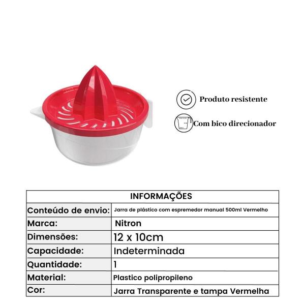 Imagem de Jarra De Plástico Com Espremedor Manual 500Ml Vermelho