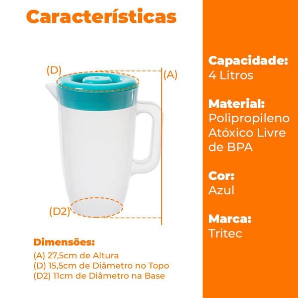 Imagem de Jarra de Suco e Água de Plástico com Tampa 4 Litros - Tritec