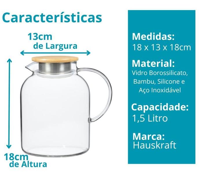 Imagem de Jarra De Vidro Borossilicato Com Tampa Bambu 1,5 Litro Suco