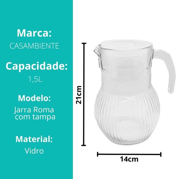 Imagem de Jarra De Vidro Canelada Com Tampa 1,5l De Água Suco Drinks