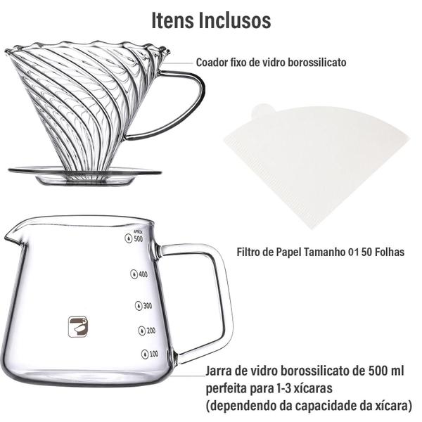 Imagem de Jarra De Vidro Com Suporte Coador Filtro De Vidro Borossilicato V60 para Café 500ml Kit Preparo para Café