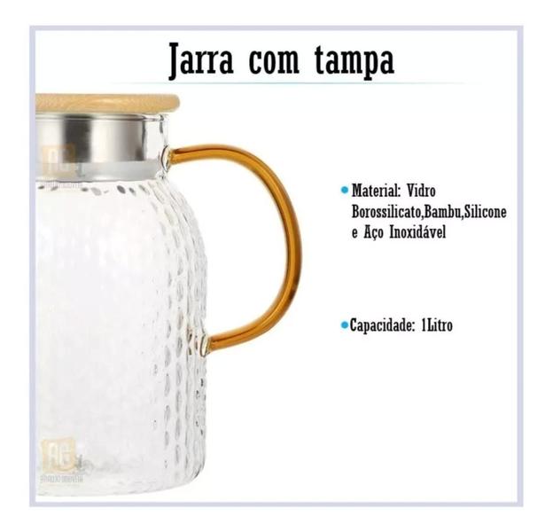 Imagem de Jarra de Vidro Com Tampa Bambu 1L Alça Trabalhada Suco Agua