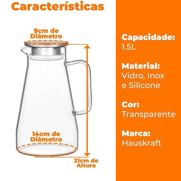 Imagem de Jarra de Vidro com Tampa de Inox Borossilicato Mercury 1,5L - Hauskraft JARR021