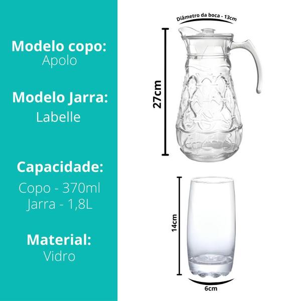 Imagem de Jarra De Vidro Grossa Resistente Labelle Com 4 Copos Apolo Água Suco 1800ml