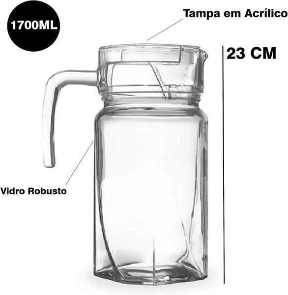 Imagem de Jarra De Vidro Robusto 1700Ml Com Tampa Acrílica Água Suco