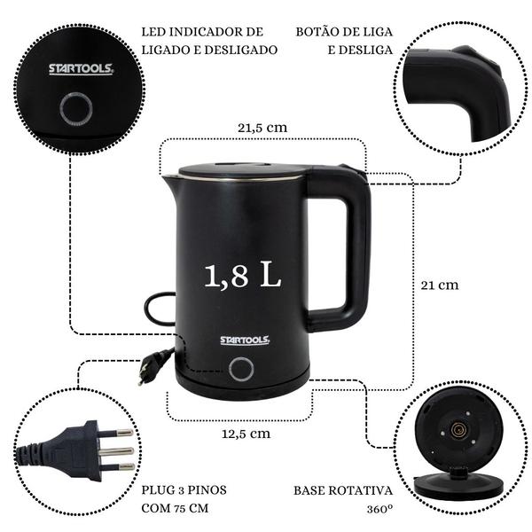 Imagem de Jarra Elétrica Chaleira Preta 110V Com Base Rotativa 1,8 Litros Para Tomada