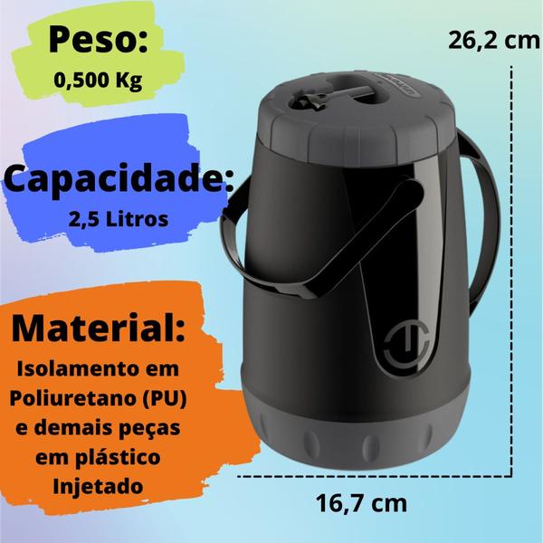 Imagem de Jarra garrafa Térmica de 2,5 litros grande Pavia com Alça Dupla  com Bico para AguaChimarrão Chá Café - Preto