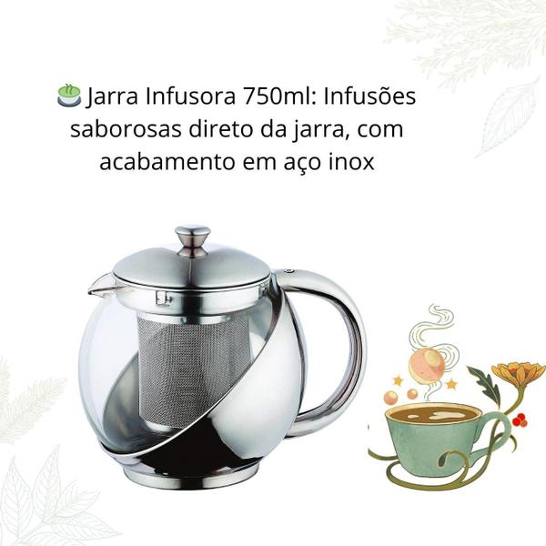 Imagem de Jarra Infusora Chaleira Bule de Vidro e Inox Com Coador de Chá 750 ML