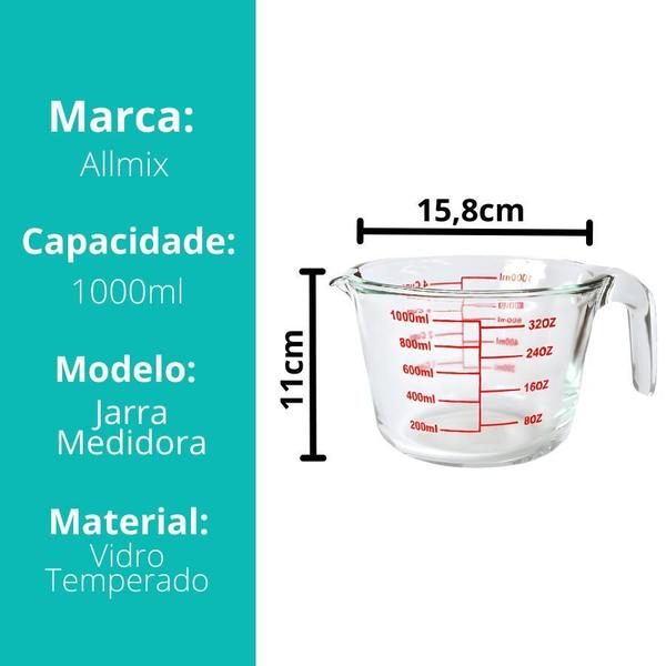 Imagem de Jarra Medidora De Vidro Cozinha Resistente Receitas Com Alça 1l