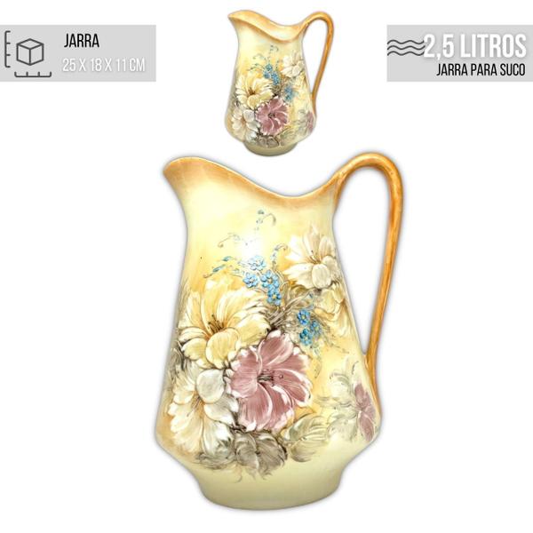 Imagem de Jarra para Suco Sangria Chá Leiteira 2,5 Litros com 6 Copos de Porcelana 230 ml Pintado à Mão AZALEIAS BRANCA ROSA