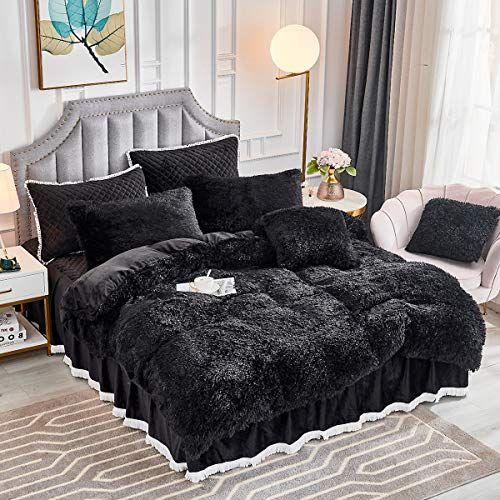 Imagem de JAUXIO Fauxio Pele Macia Edredom Edredom com fronhas de luxo Roupa de cama desgrenhada Conjunto Ultra Soft Crystal Velvet Reverse (Preto, Queen)