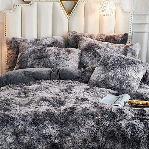 Imagem de JAUXIO Luxo Abstrato Faux Fur Bedding Set Tie Dye Printed Shaggy Duvet Cover with Pillow Shams Soft Crystal Velvet Reverse (Rei, Cinza Escuro)