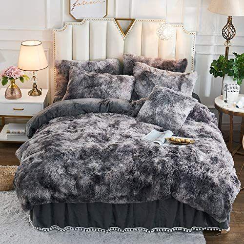 Imagem de JAUXIO Luxo Abstrato Faux Fur Bedding Set Tie Dye Printed Shaggy Duvet Cover with Pillow Shams Soft Crystal Velvet Reverse (Rei, Cinza Escuro)