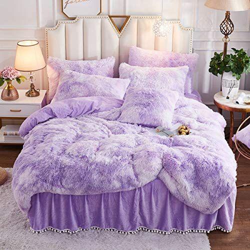 Imagem de JAUXIO Luxo Abstrato Faux Fur Bedding Set Tie Dye Printed Shaggy Duvet Cover with Pillowcase Soft Crystal Velvet Reverse (Twin, Lilás)