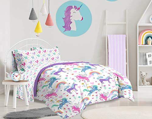 Imagem de Jay Franco Unicorn Rainbow 4 Piece Twin Bed Set - Inclui Edredom e Conjunto de Lençóis - Microfibra Super Suave Resistente ao Desbotamento