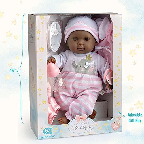 Imagem de JC Toys 15" Realistic Soft Body African American Baby Doll com Open/Close Eyes Berenguer Boutique  10 peças de conjunto de presentes com garrafa, chocalho, chupeta e acessórios   rosa Idades 2+