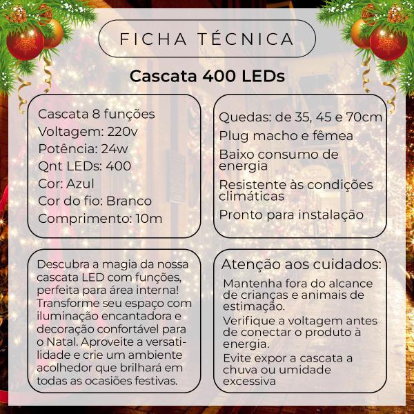 Imagem de JDK Cascata Led 400 Leds Plug Macho e Femea Pisca 8 Funções Azul Decoração