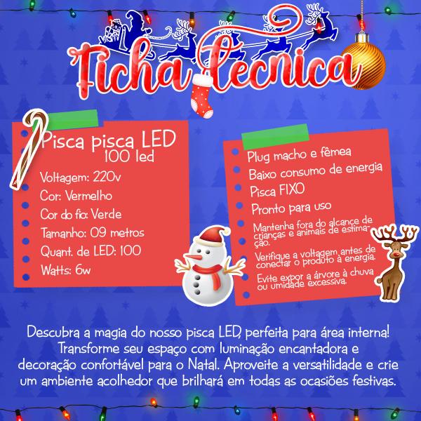 Imagem de JDK Pisca Pisca Natal Fixo Vermelho 220v 100 Leds 9m Fio VD Decoração natalina iluminação festa  Comércio papai noel casamento acessório