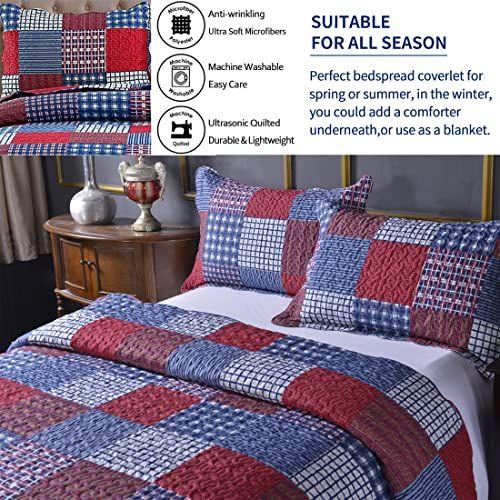 Imagem de Jessy Home Plaid Quilt Set Queen Bedspreads Coverlet Set Red Blue White Patchwork Queen Size Quilt Set Bedding Soft Lightweight Quilts Coverlet Country Reversible Quilt Bed Spread with 2 Pillow Shams