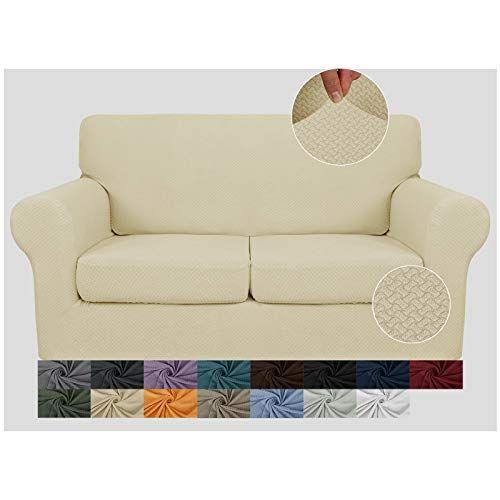 Imagem de JIVINER mais novo 3 peças de cobertura de sofá elástico para 2 almofadas sofá equipado grosso loveseat sofá slipcover com 2 assentos almofada capas para cães de estimação da sala de estar (loveseat, bege claro)