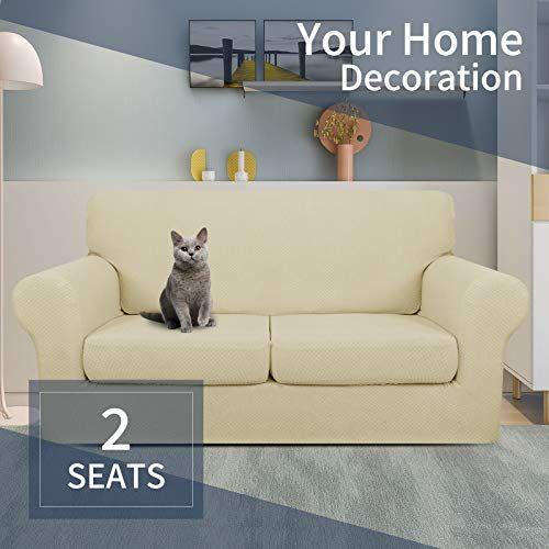 Imagem de JIVINER mais novo 3 peças de cobertura de sofá elástico para 2 almofadas sofá equipado grosso loveseat sofá slipcover com 2 assentos almofada capas para cães de estimação da sala de estar (loveseat, bege claro)