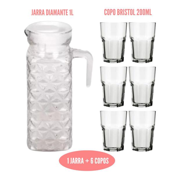 Imagem de Jogo 1 Jarra Diamante 1L e 6 Copos Bristol 200ml Transp.