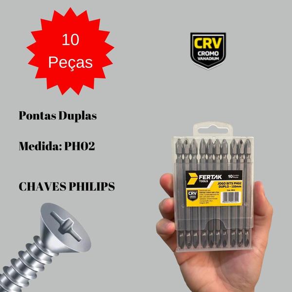 Imagem de Jogo 10 peças Bits Philips Duplo Aço CRV Parafusadeira 110mm - Fertak