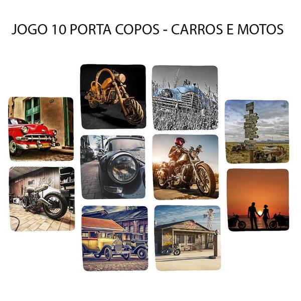 Imagem de Jogo 10 Porta Copos Bolacha de Chopp Redondo Personalizado Carros e Motos Quadrado