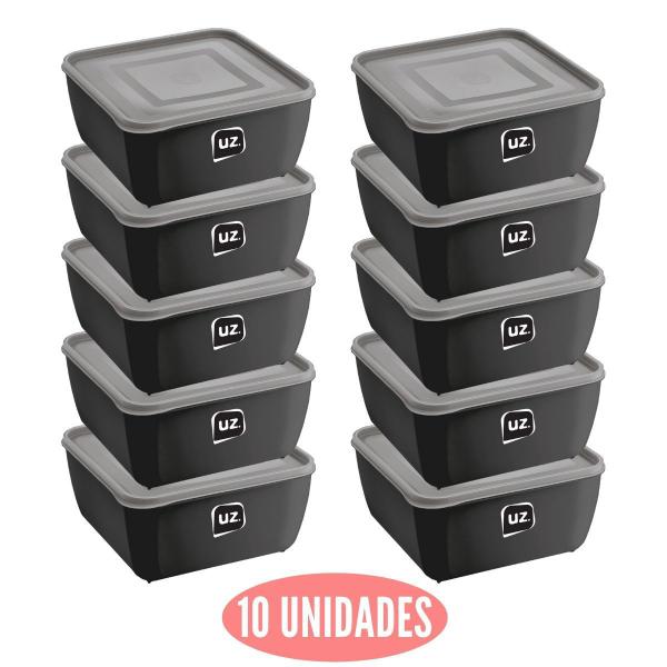 Jogo 10 potes Preto Quadrado 1,5L Tampa Boa Vedação - UZ Imagem de Jogo 10 potes Preto Quadrado 1,5L Tampa Boa Vedação