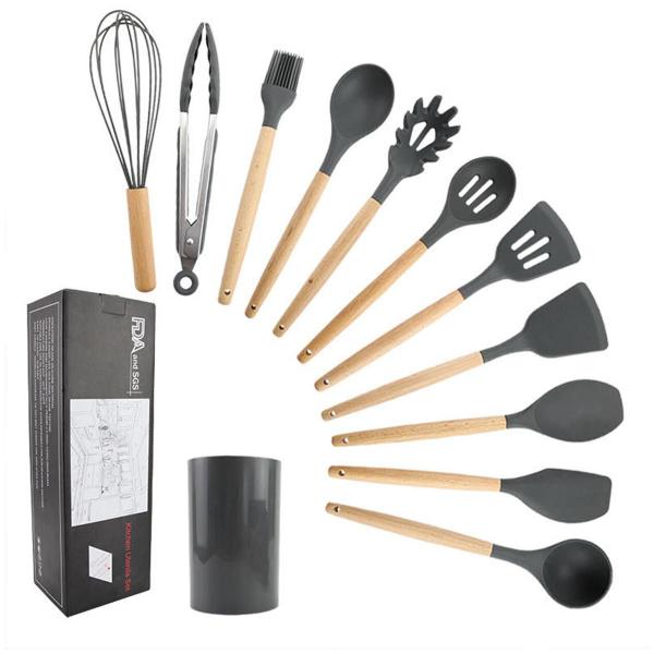 Imagem de Jogo 11 Colheres De Silicone Cabo Inox Utensílios Cozinha