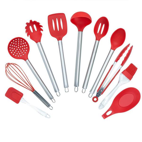 Imagem de Jogo 11 Colheres De Silicone Cabo Inox Utensílios Cozinha