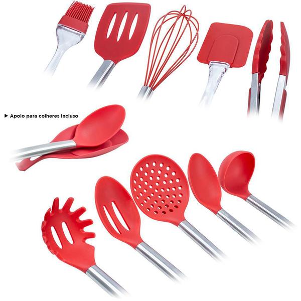 Imagem de Jogo 11 Colheres De Silicone Cabo Inox Utensílios Cozinha