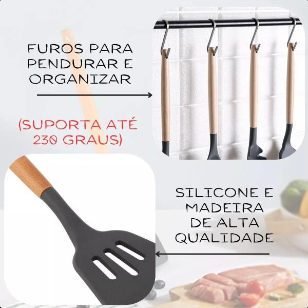 Imagem de Jogo 11 Colheres De Silicone Cabo Madeira Utensílios Cozinha Cinza