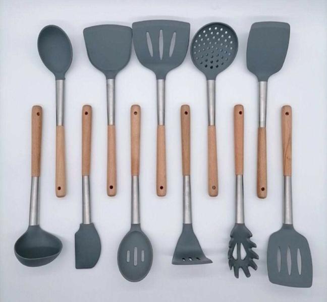 Imagem de Jogo 11 Utensílios Silicone Inox Madeira PRETO Colher Concha Espátula Premium - Iddeale