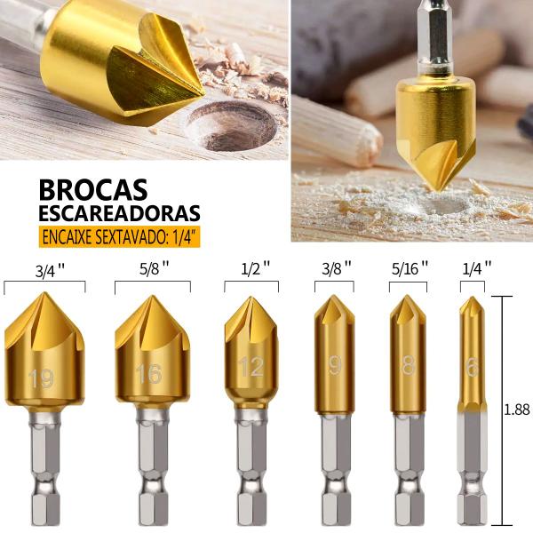 Imagem de Jogo 12 Brocas Escareadoras Chanfrar Madeira Aluminio 6-19mm