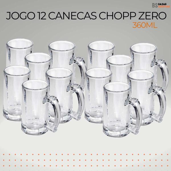 Imagem de Jogo 12 Canecas Chopp Zero Cerveja Copo de Vidro Bar 360ML